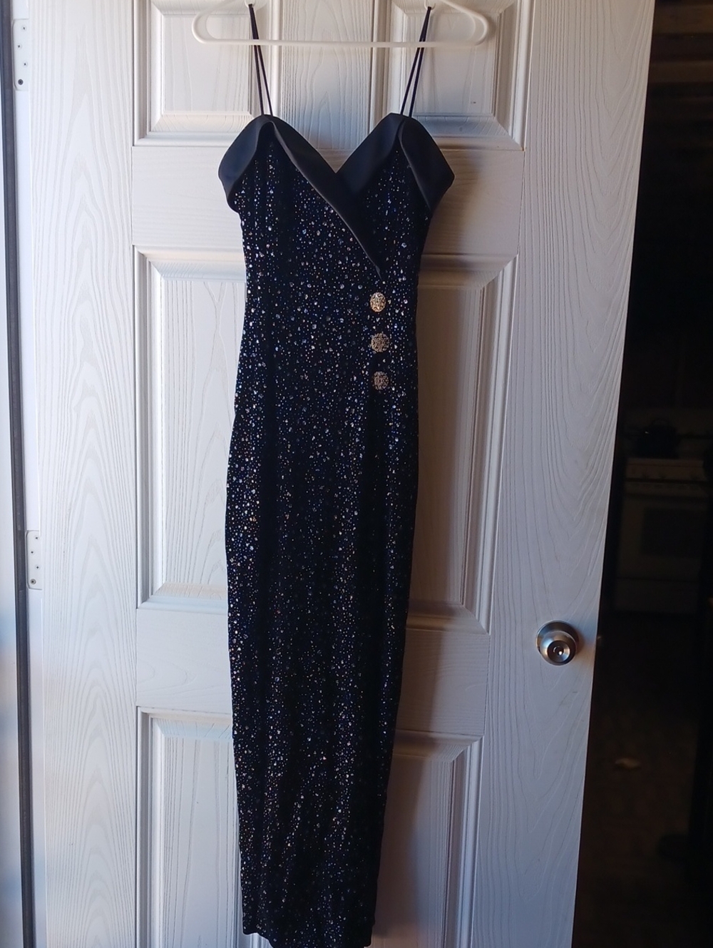Betsy & Adam Black Sparkle Sequin Maxi Dress with Gold Buttons